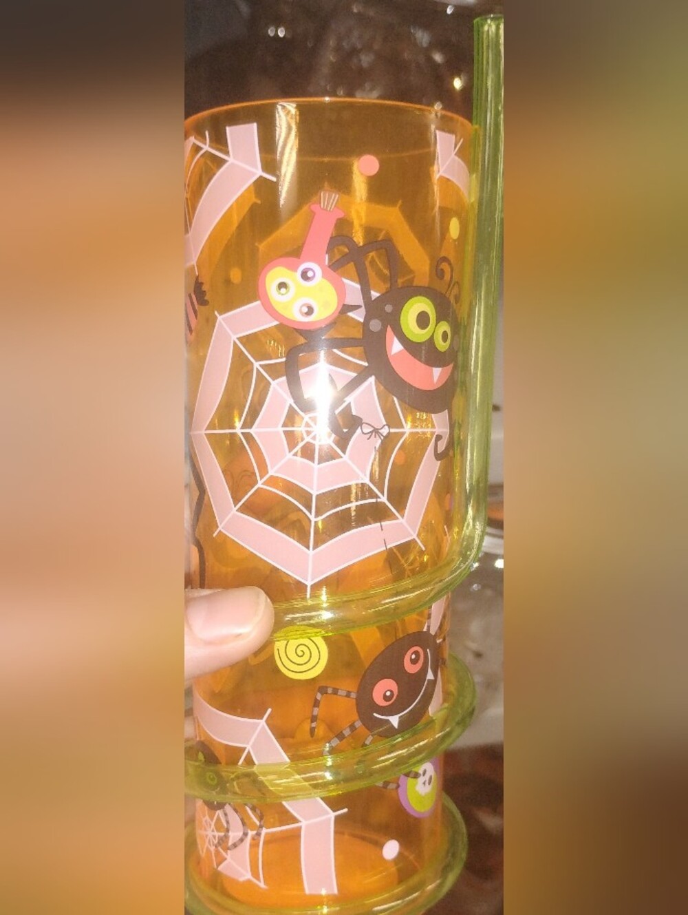 Halloween Spider Web Candy Cup with a Spiral Straw - Orange